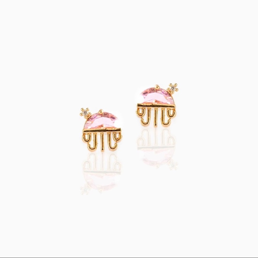 You Made Me Ink Pink Jellyfish Crystal cz 18k Gold Plated Pierced Stud Earrings